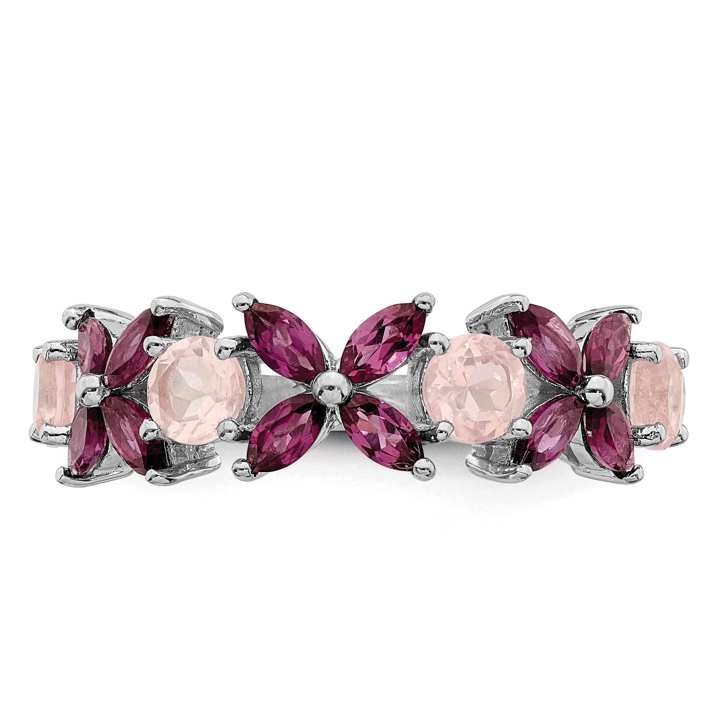 Sterling Silver Rhodium-plated Rose Quartz & Rhodolite Ring