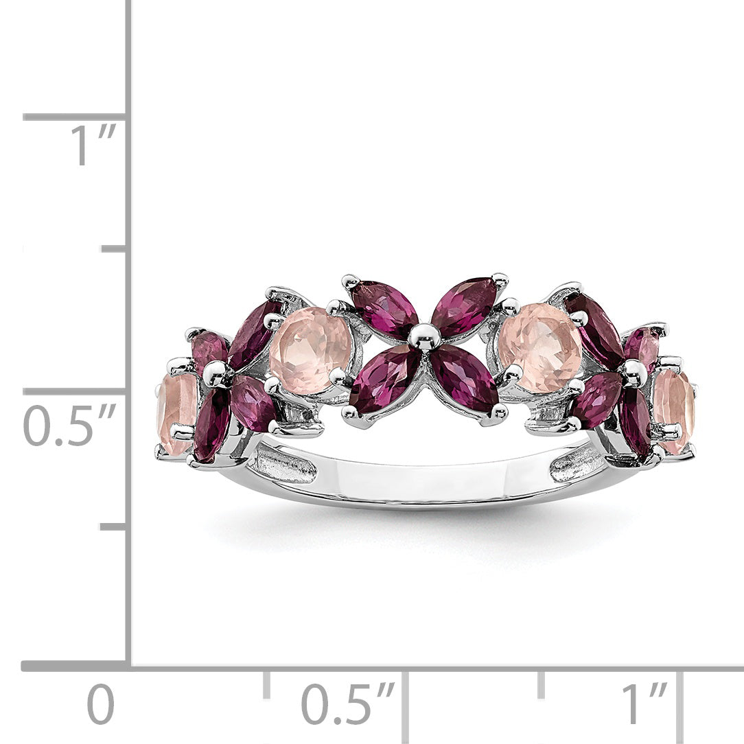 Sterling Silver Rhodium-plated Rose Quartz & Rhodolite Ring