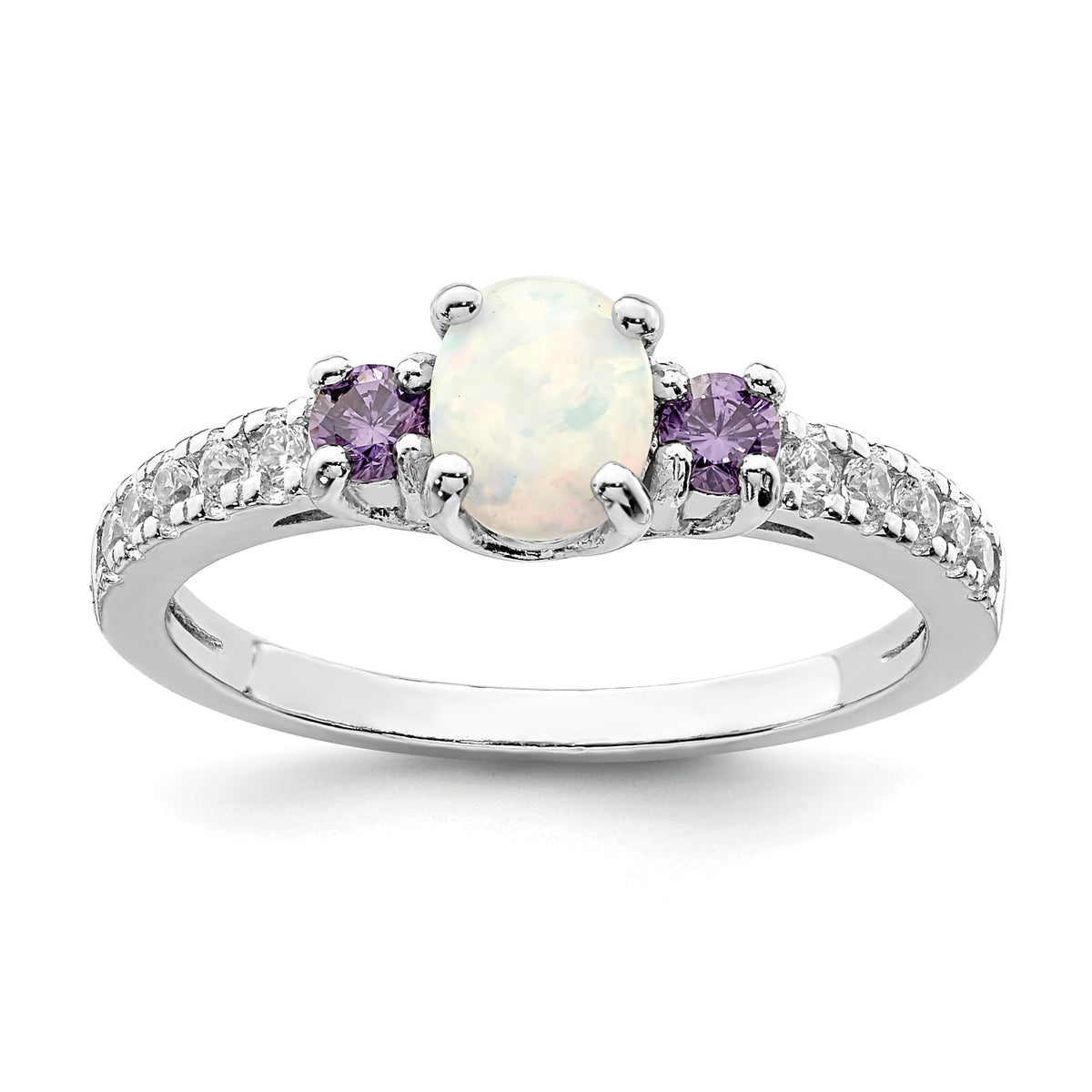 Sterling Silver Rhodium-plated Lab Created Opal/CZ Ring