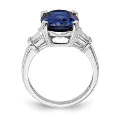 Sterling Silver Rhodium-plated Created Blue Sapphire and CZ Ring