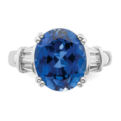 Sterling Silver Rhodium-plated Created Blue Sapphire and CZ Ring