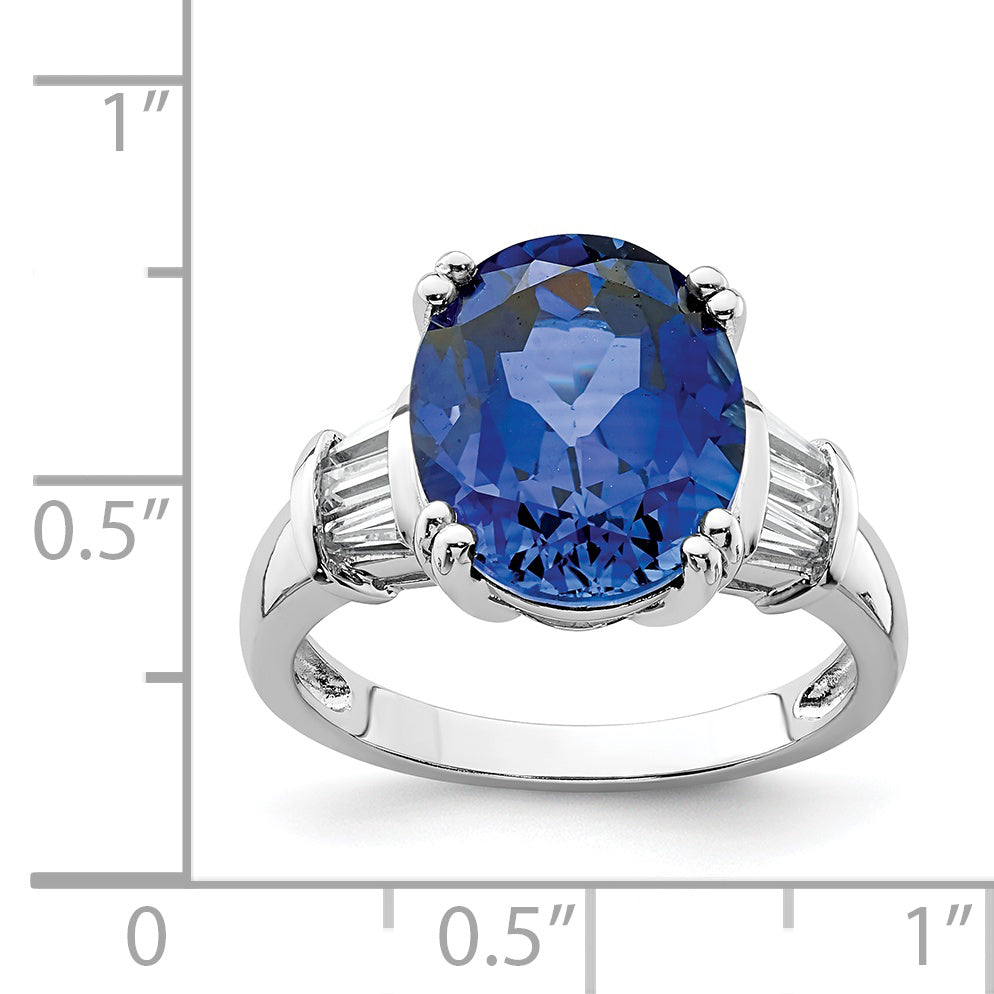 Sterling Silver Rhodium-plated Created Blue Sapphire and CZ Ring