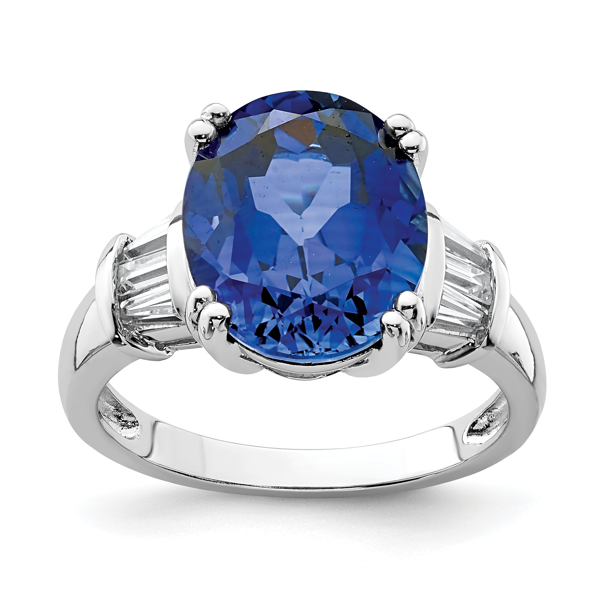 Sterling Silver Rhodium-plated Created Blue Sapphire and CZ Ring