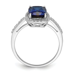 Sterling Silver Rhodium-plated Created Blue Sapphire and CZ Ring