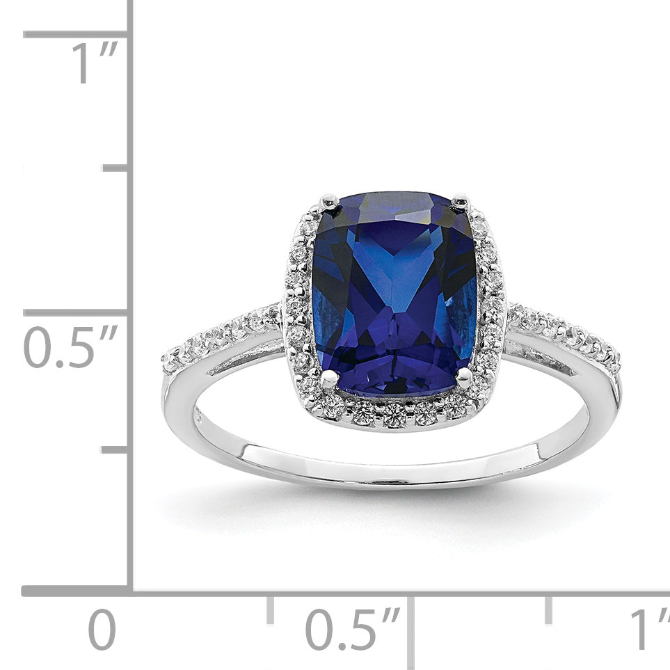 Sterling Silver Rhodium-plated Created Blue Sapphire and CZ Ring