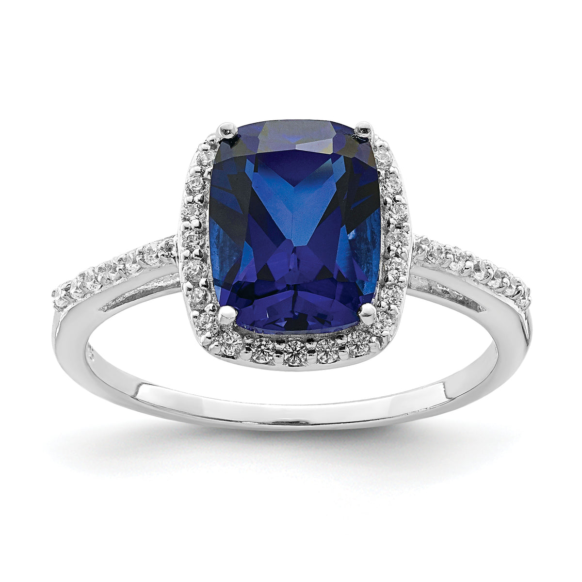 Sterling Silver Rhodium-plated Created Blue Sapphire and CZ Ring