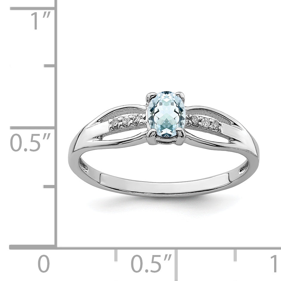 Sterling Silver Rhod-plated Diamond Aquamarine Ring