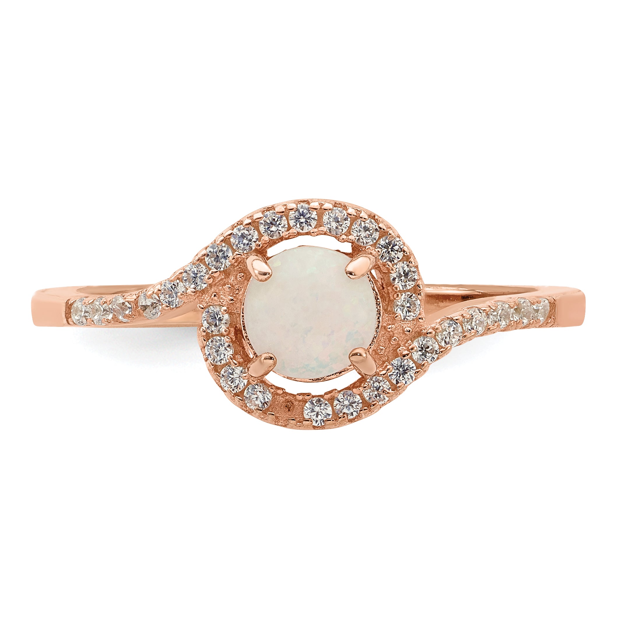 Sterling Silver Rose-tone Created Opal and CZ Halo Ring