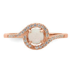 Sterling Silver Rose-tone Created Opal and CZ Halo Ring