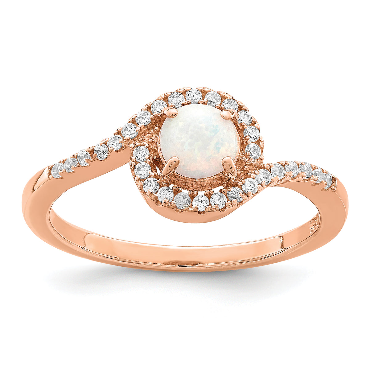 Sterling Silver Rose-tone Created Opal and CZ Halo Ring