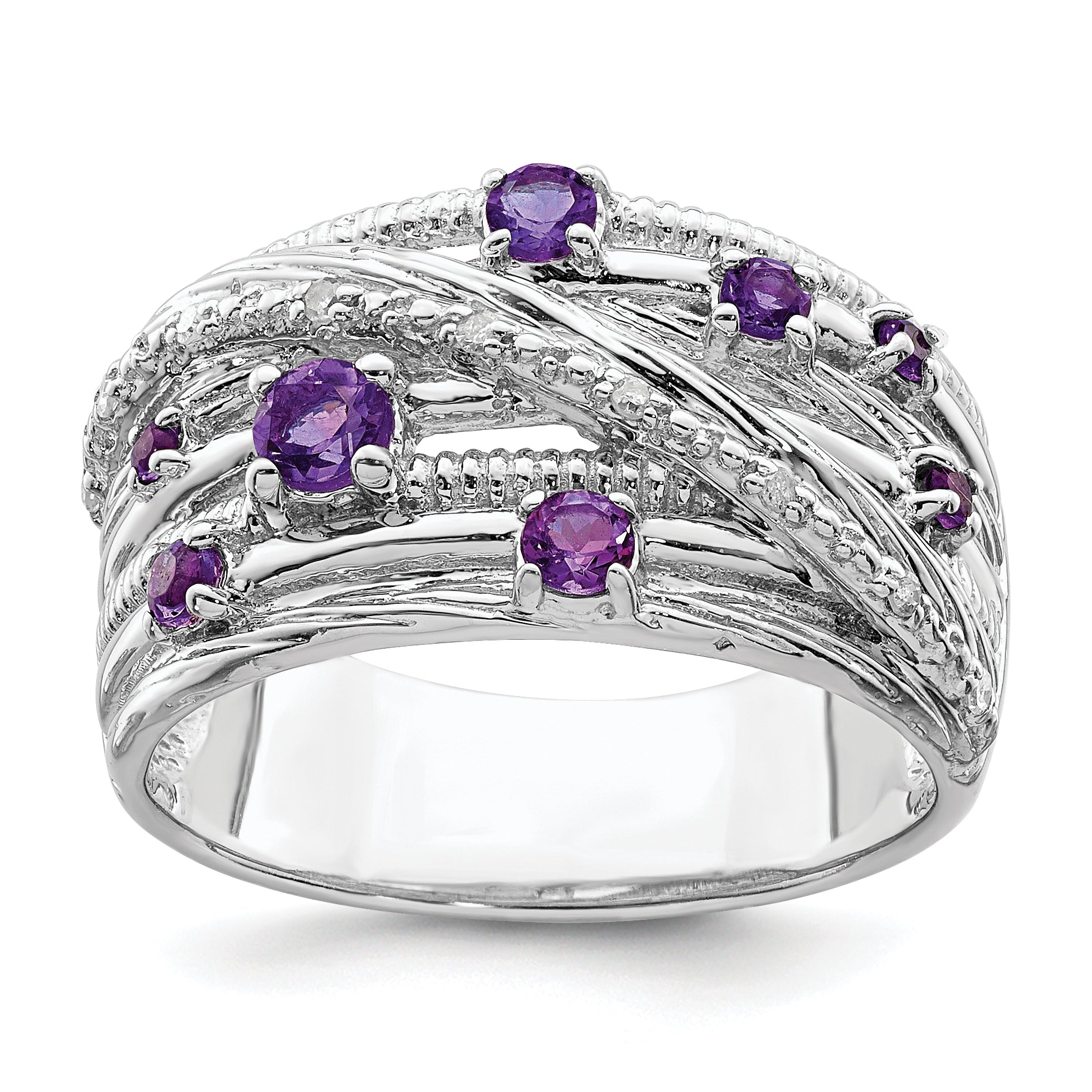 Sterling Silver Rhodium-plated Polished Amethyst and Diamond Ring