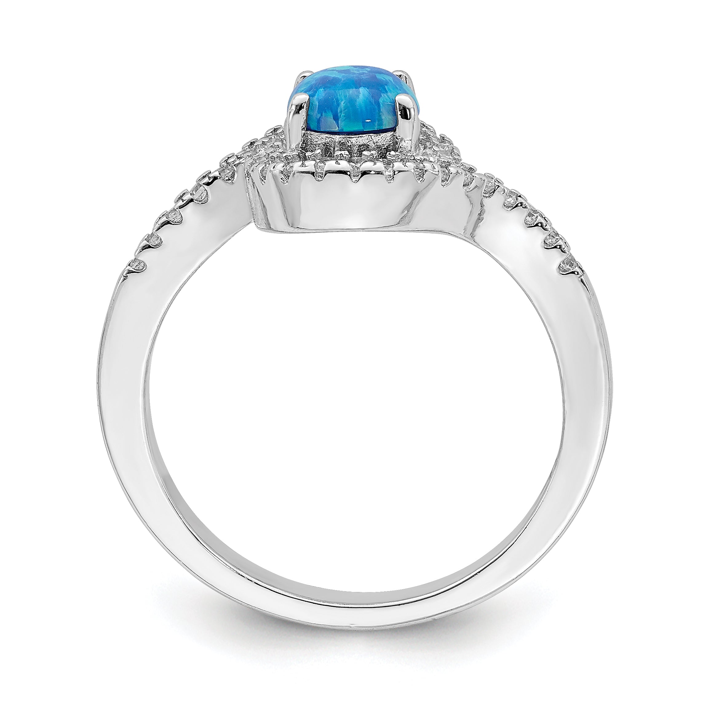 Sterling Silver Rhodium-plated Created Blue Opal /CZ Halo Ring