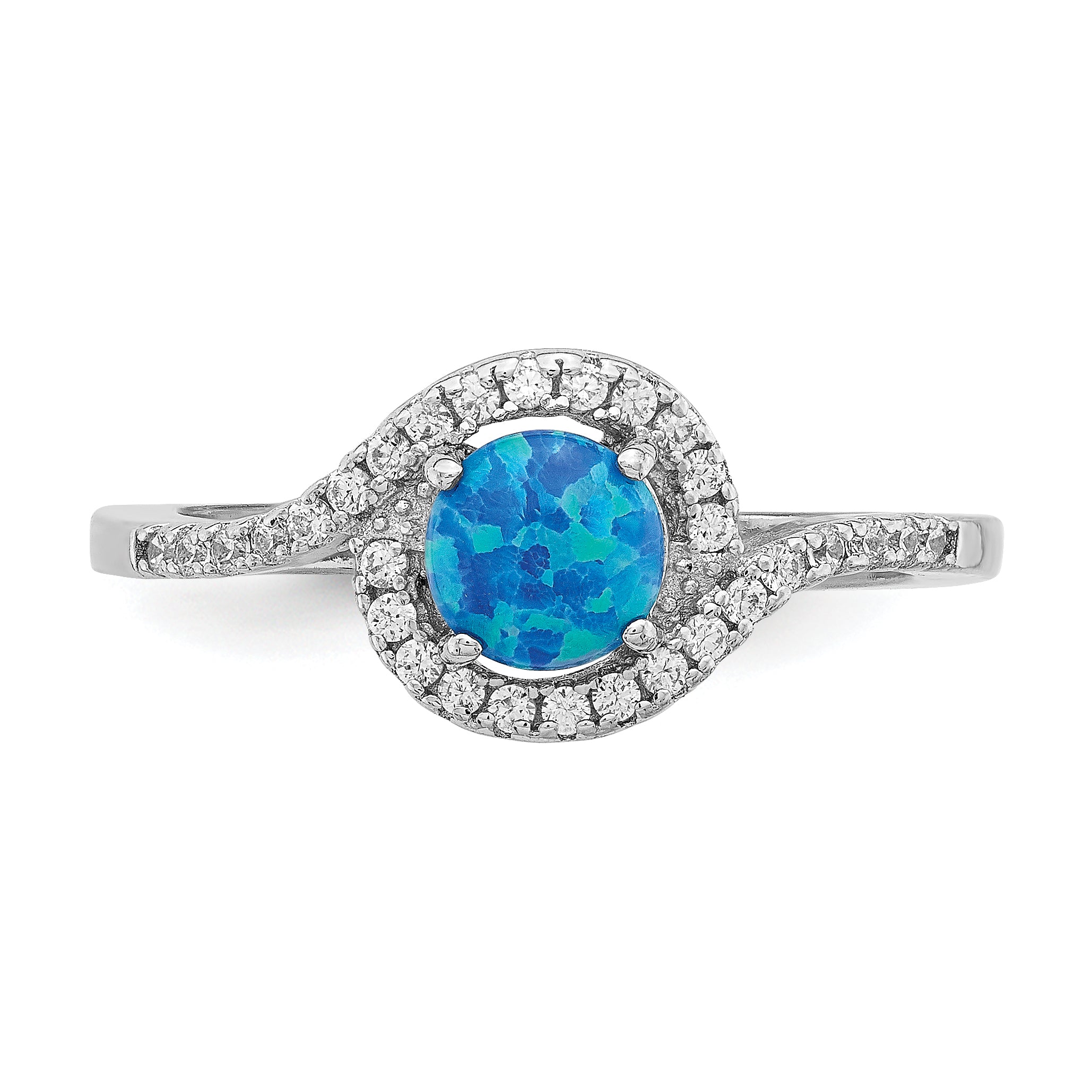 Sterling Silver Rhodium-plated Created Blue Opal /CZ Halo Ring