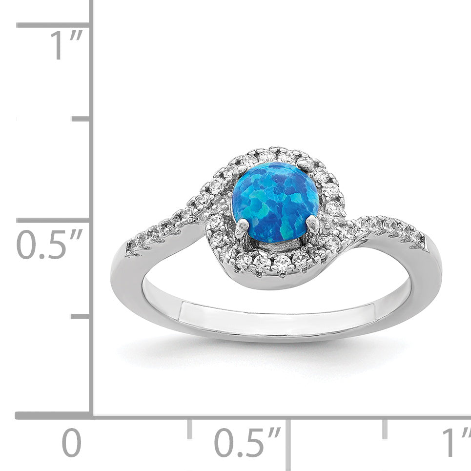 Sterling Silver Rhodium-plated Created Blue Opal /CZ Halo Ring