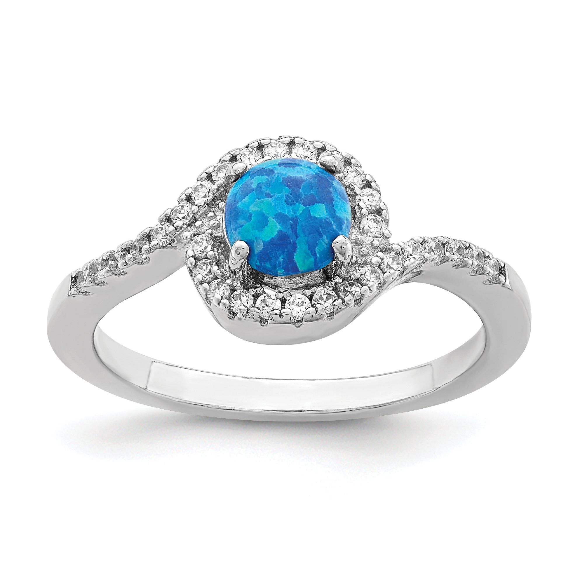 Sterling Silver Rhodium-plated Created Blue Opal /CZ Halo Ring