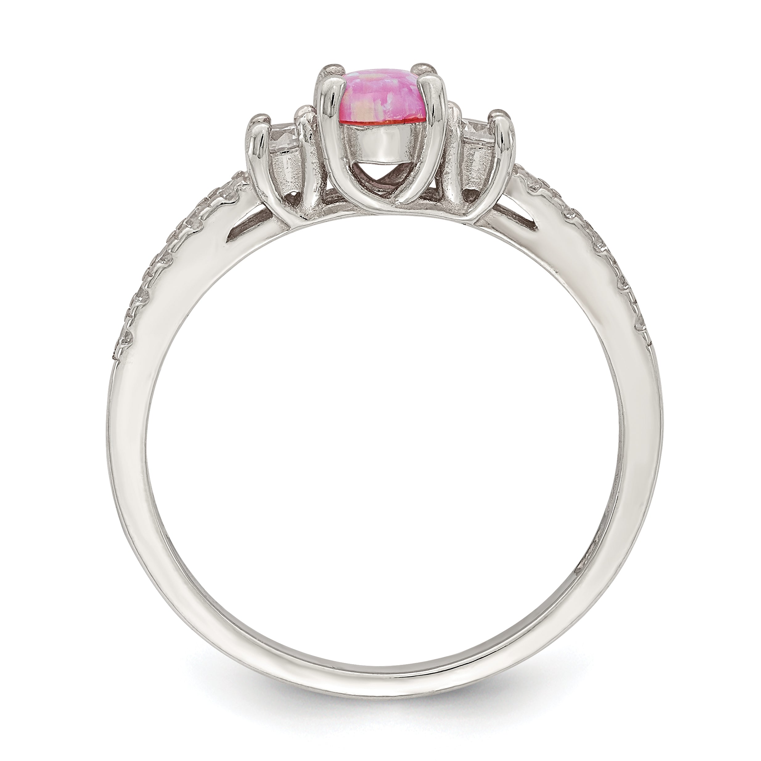 Sterling Silver Rose-tone Created Pink Opal and CZ Ring