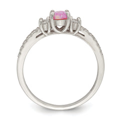 Sterling Silver Rose-tone Created Pink Opal and CZ Ring