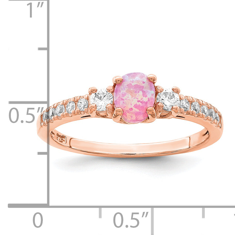 Sterling Silver Rose-tone Created Pink Opal and CZ Ring