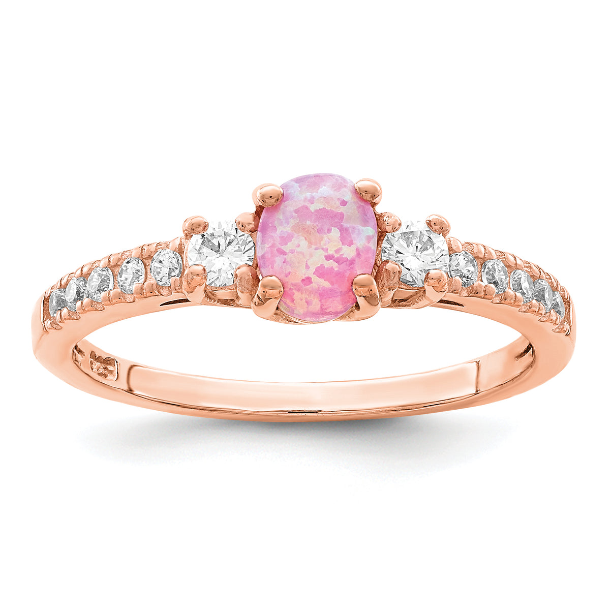 Sterling Silver Rose-tone Created Pink Opal and CZ Ring