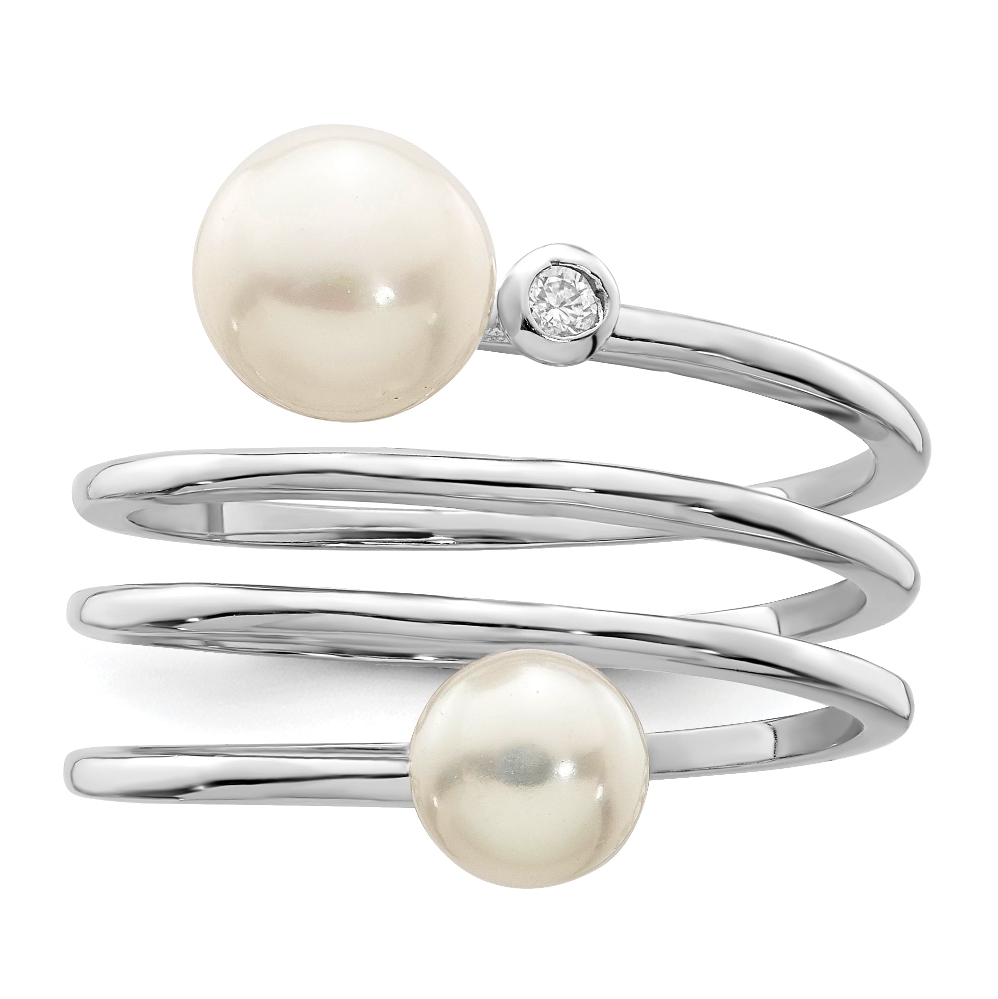 Sterling Silver Rhod-plat 5-7mm White Button FWC Pearl CZ Adj. Ring