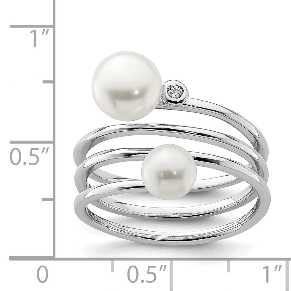 Sterling Silver Rhod-plat 5-7mm White Button FWC Pearl CZ Adj. Ring