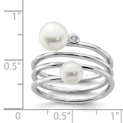 Sterling Silver Rhod-plat 5-7mm White Button FWC Pearl CZ Adj. Ring