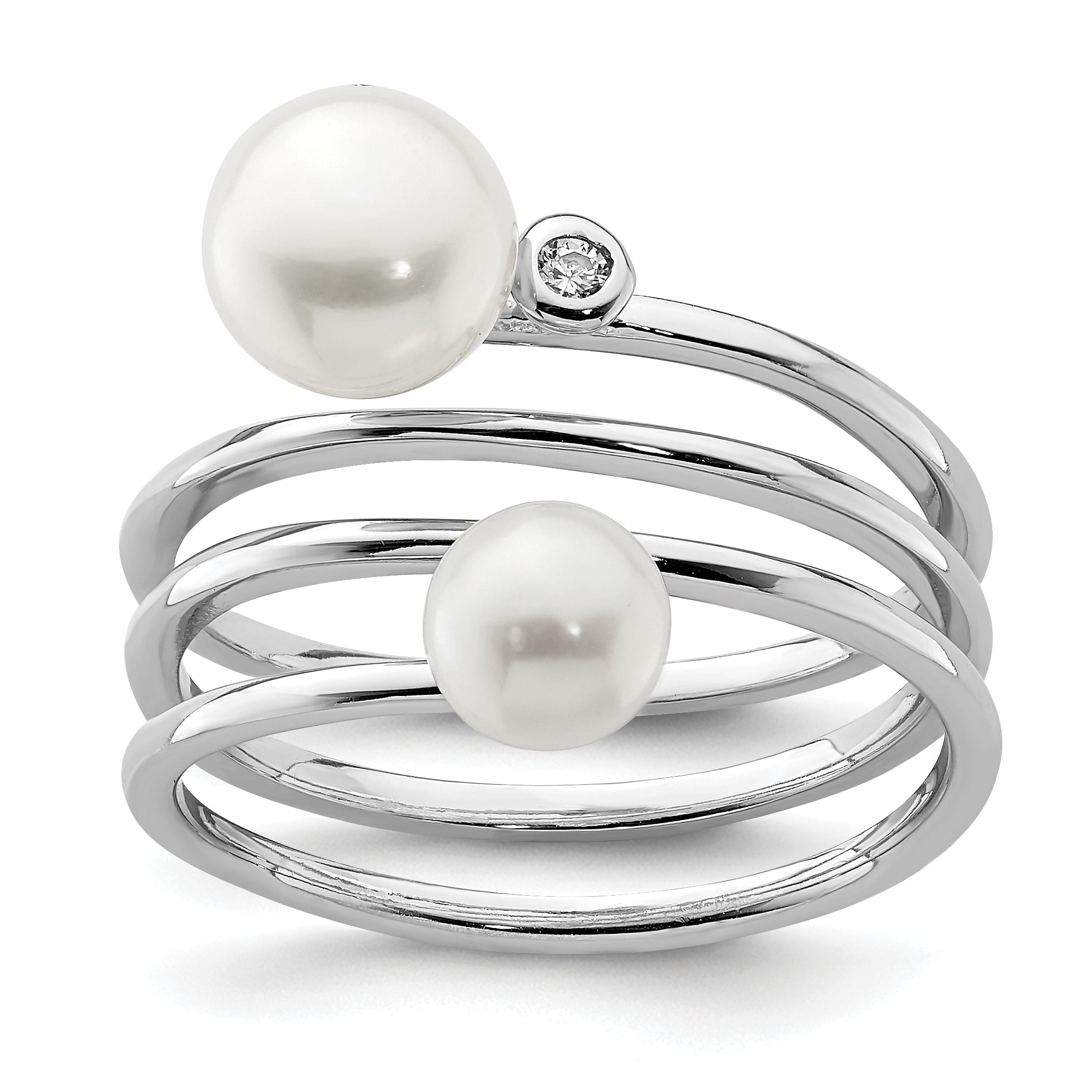 Sterling Silver Rhod-plat 5-7mm White Button FWC Pearl CZ Adj. Ring