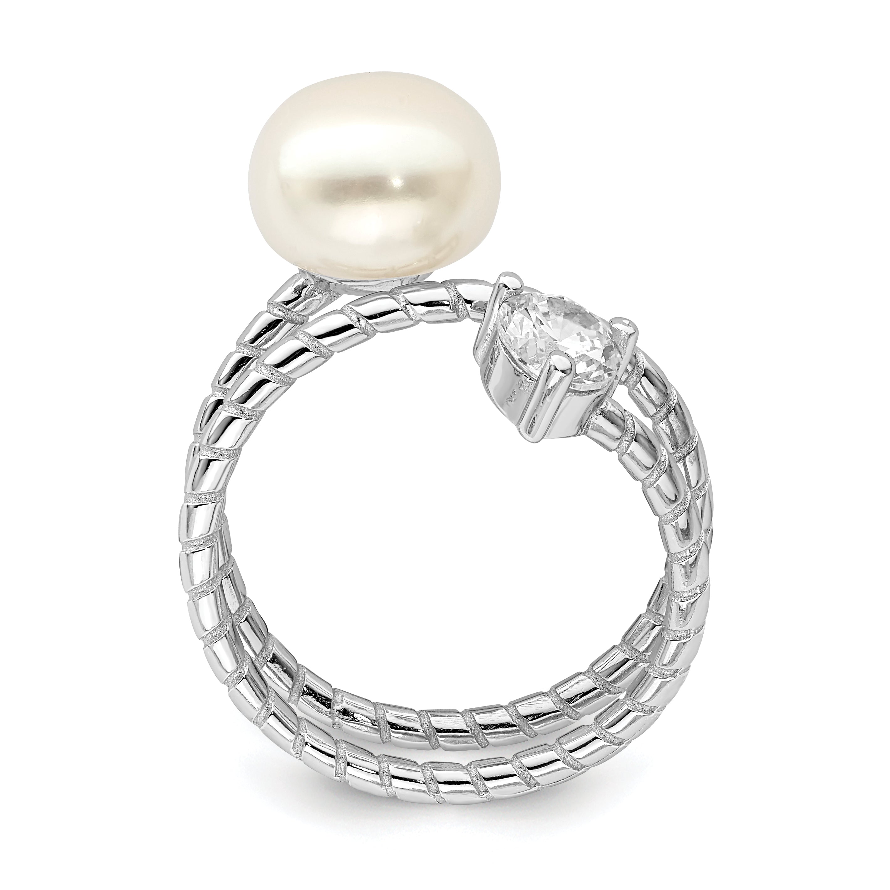 Sterling Silver Rhod-plat 10-11mm White Button FWC Pearl CZ Adj. Ring