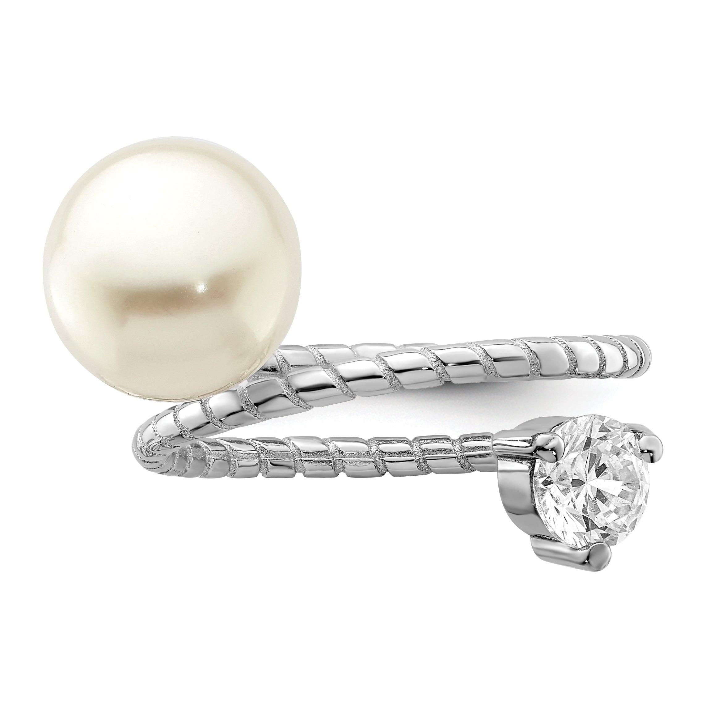 Sterling Silver Rhod-plat 10-11mm White Button FWC Pearl CZ Adj. Ring