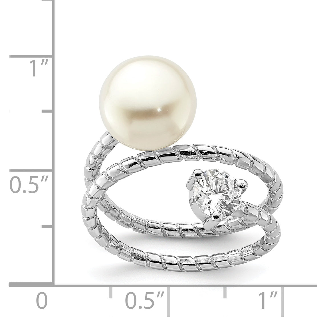 Sterling Silver Rhod-plat 10-11mm White Button FWC Pearl CZ Adj. Ring