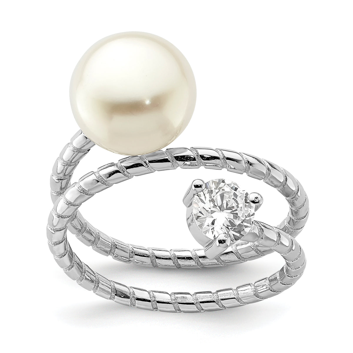 Sterling Silver Rhod-plat 10-11mm White Button FWC Pearl CZ Adj. Ring