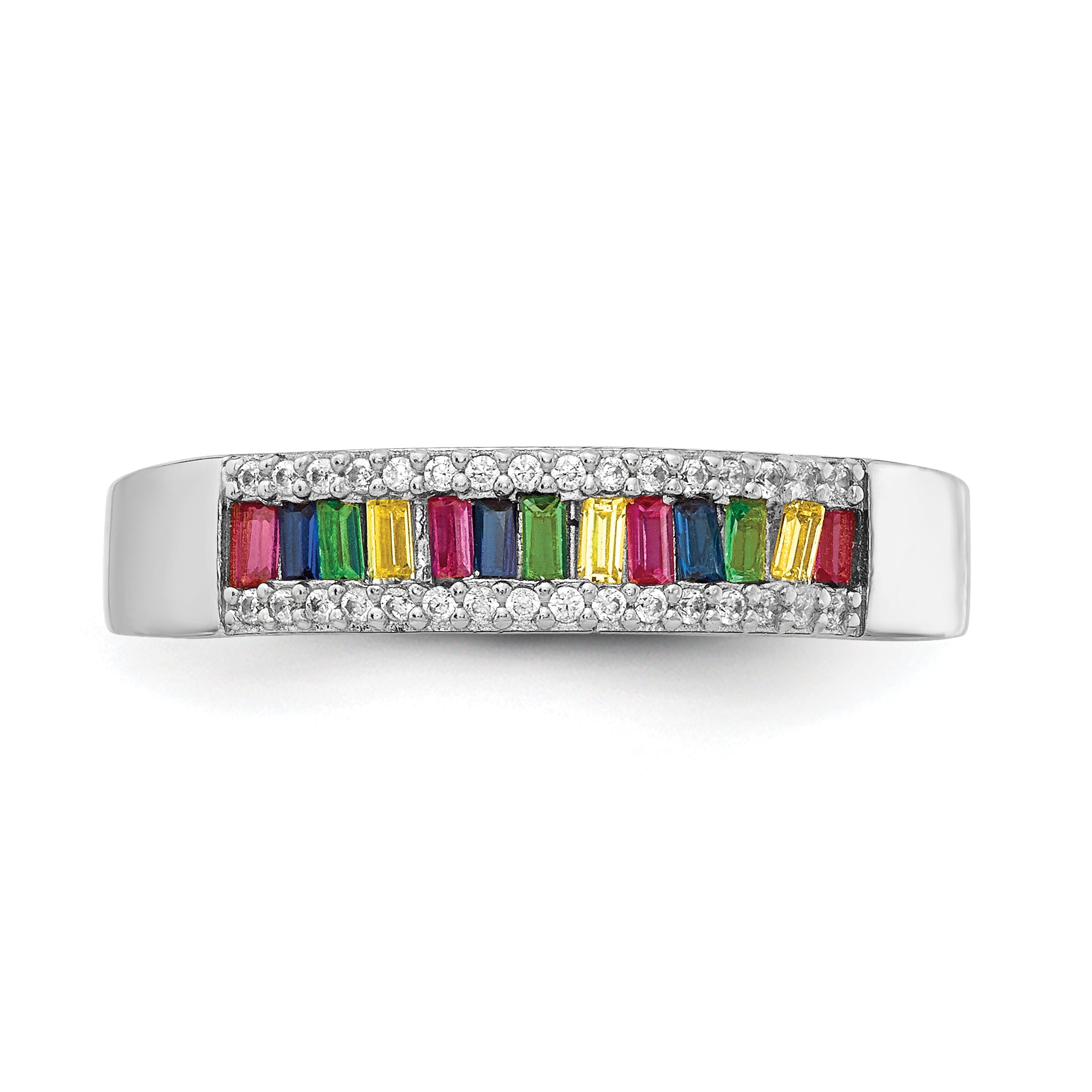 Prizma Sterling Silver Rhodium-plated Colorful Baguette and White CZ Ring