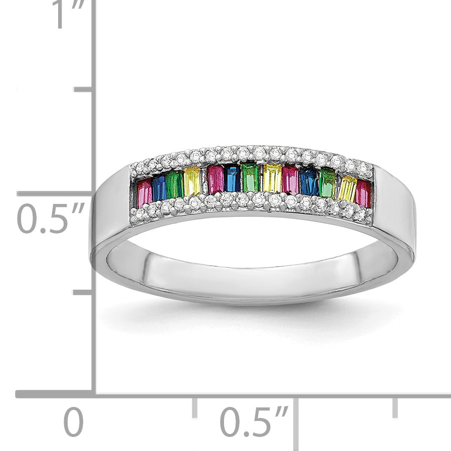 Prizma Sterling Silver Rhodium-plated Colorful Baguette and White CZ Ring