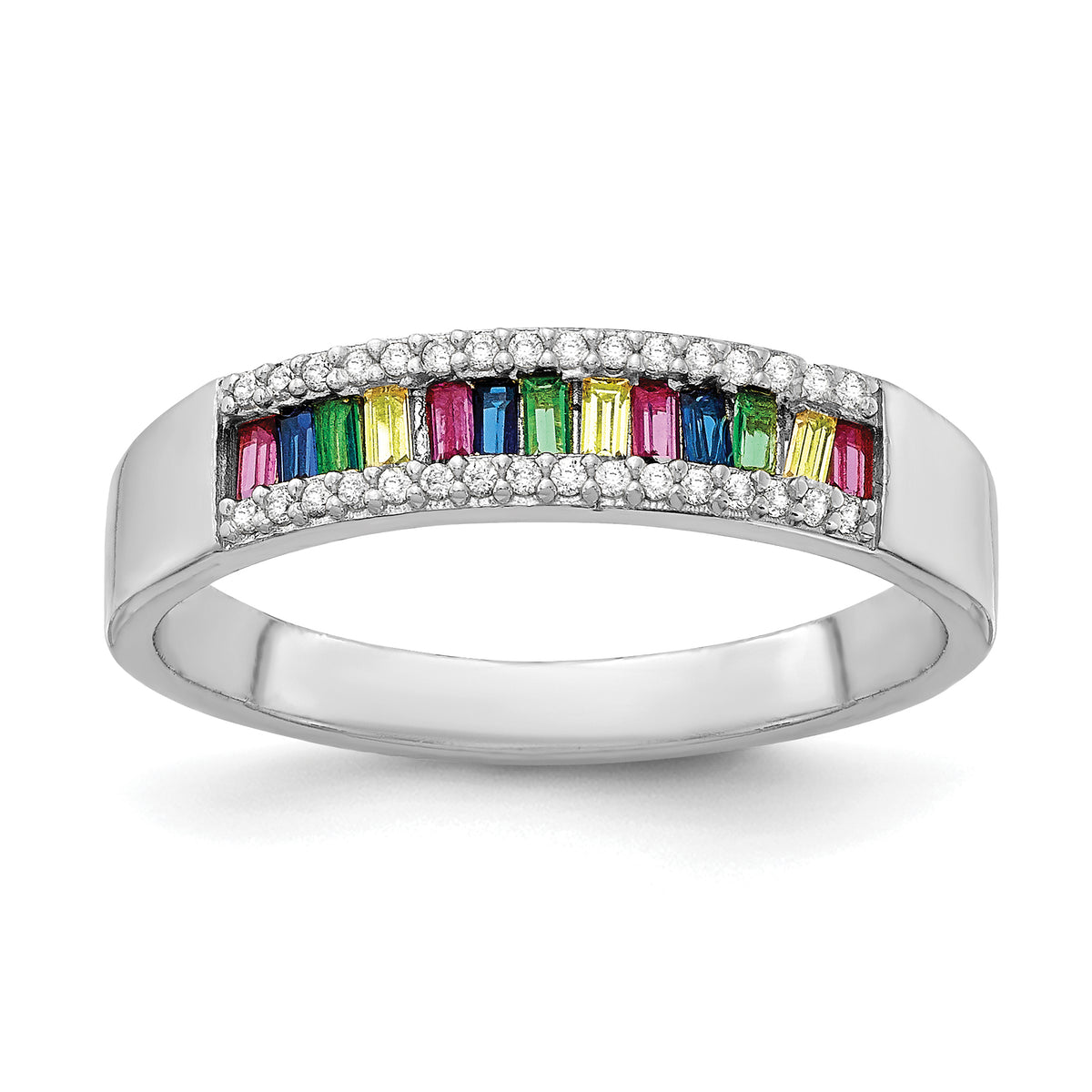 Prizma Sterling Silver Rhodium-plated Colorful Baguette and White CZ Ring