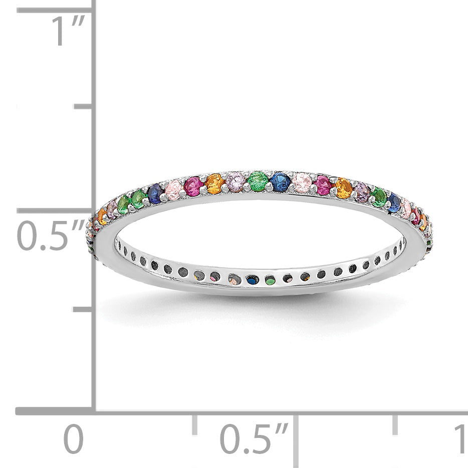 Prizma Sterling Silver Rhodium-plated Colorful CZ Thin Band Ring