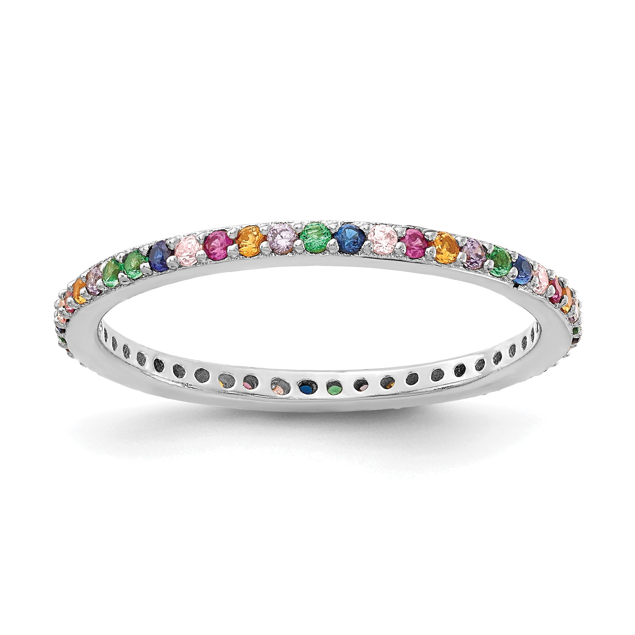 Prizma Sterling Silver Rhodium-plated Colorful CZ Thin Band Ring