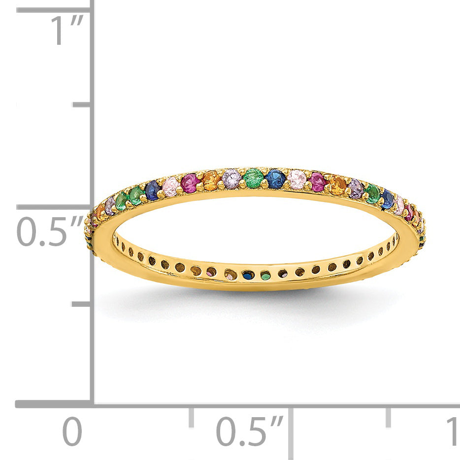 Prizma Sterling Silver Gold-tone 14K Flash Gold-plated Colorful CZ Thin Band Ring