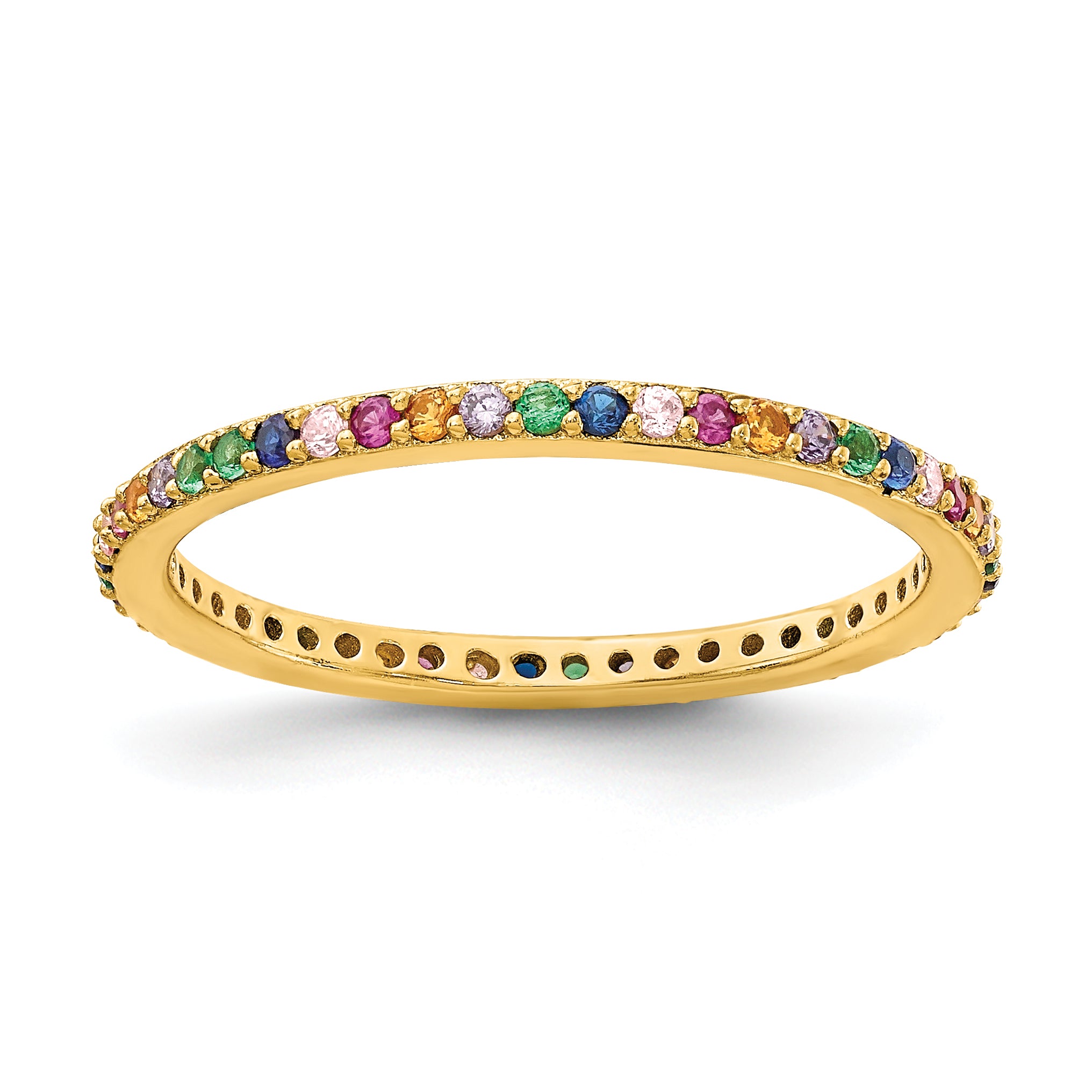 Prizma Sterling Silver Gold-tone 14K Flash Gold-plated Colorful CZ Thin Band Ring