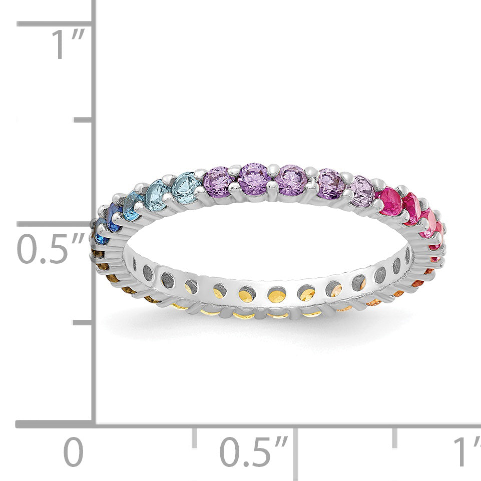 Prizma Sterling Silver Rhodium-plated Colorful CZ Eternity Band Ring