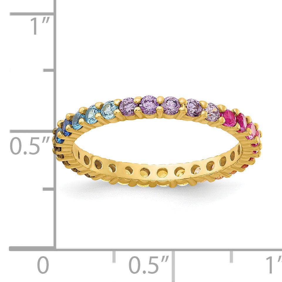 Prizma Sterling Silver Gold-tone 14K Flash Gold-plated Colorful CZ Eternity Band Ring