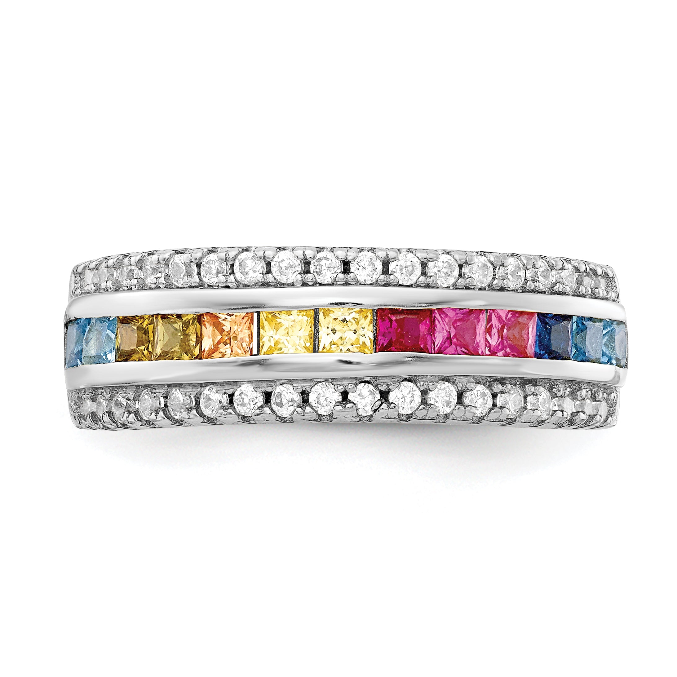 Prizma Sterling Silver Rhodium-plated Channel-Set Colorful and White CZ Ring