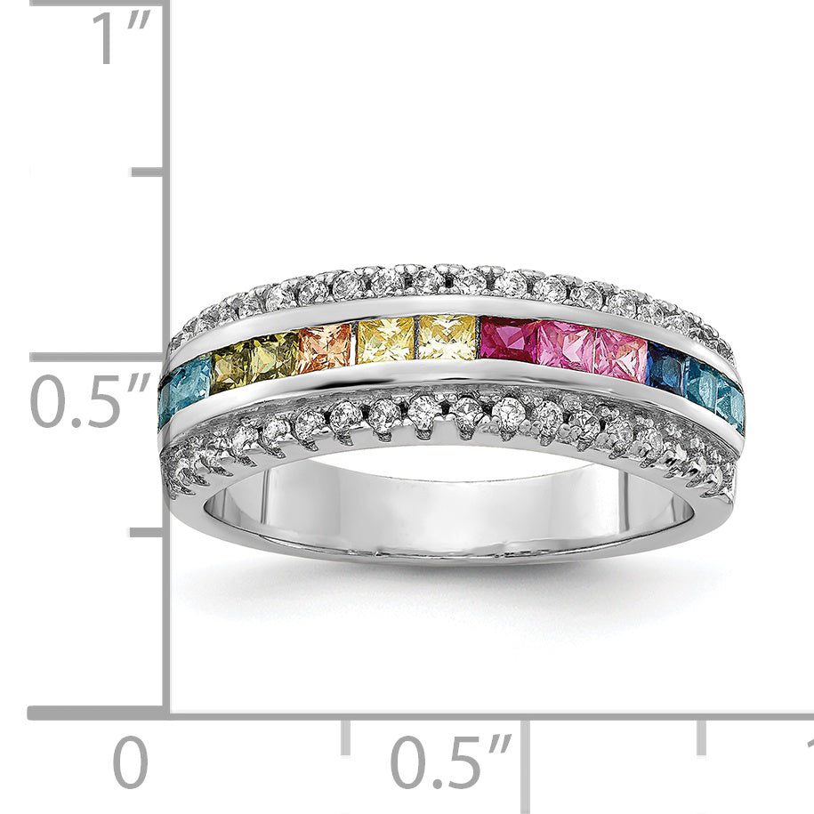 Prizma Sterling Silver Rhodium-plated Channel-Set Colorful and White CZ Ring