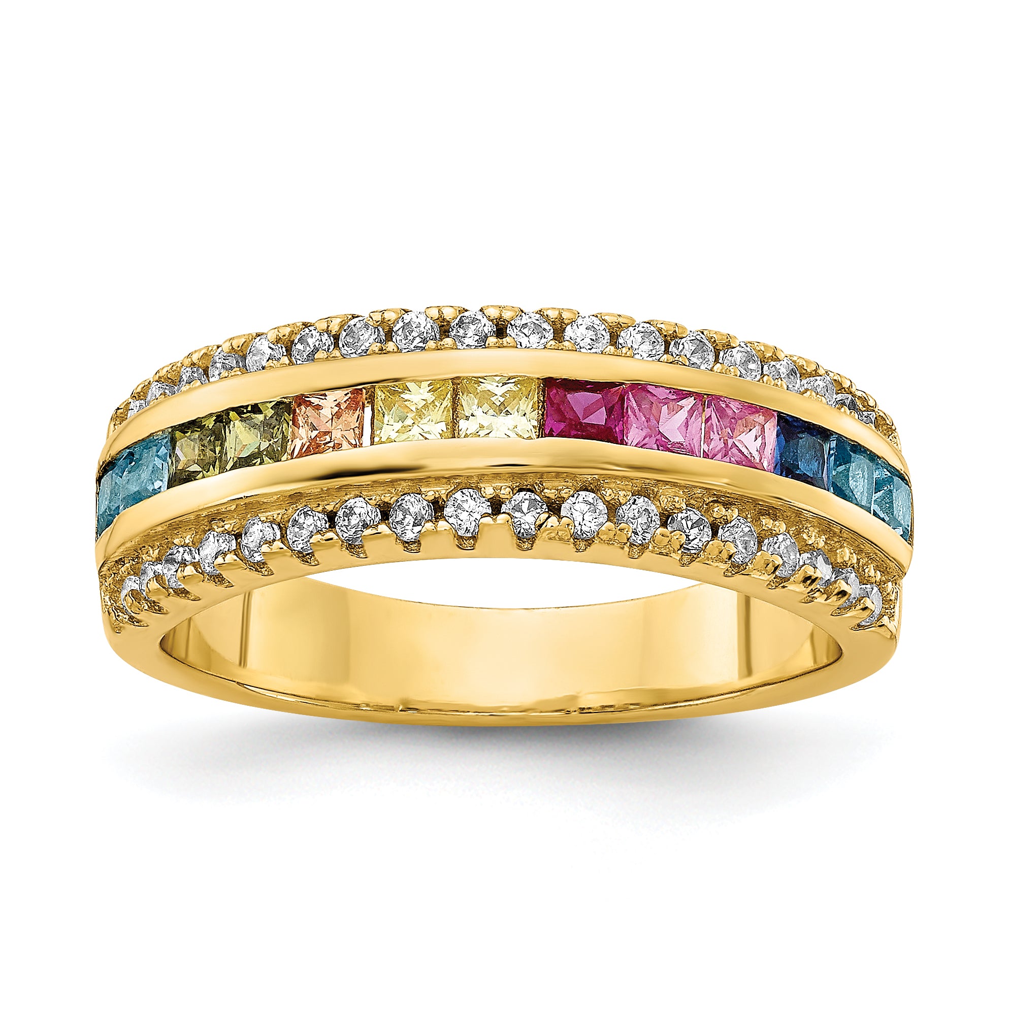 Prizma Sterling Silver Gold-tone 14K Flash Gold-plated Channel-Set Colorful and White CZ Ring