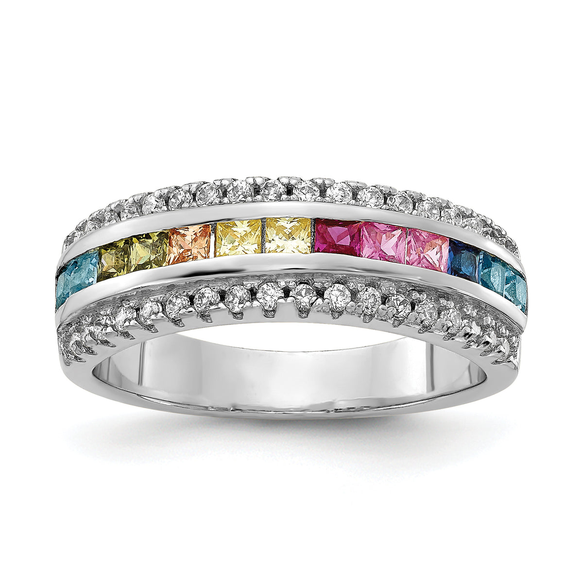 Prizma Sterling Silver Rhodium-plated Channel-Set Colorful and White CZ Ring