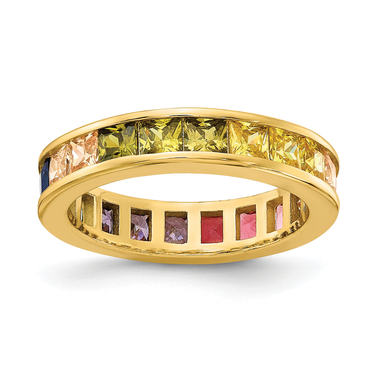 Prizma Sterling Silver Gold-tone 14K Flash Gold-plated Channel-Set Colorful CZ Eternity Band Ring