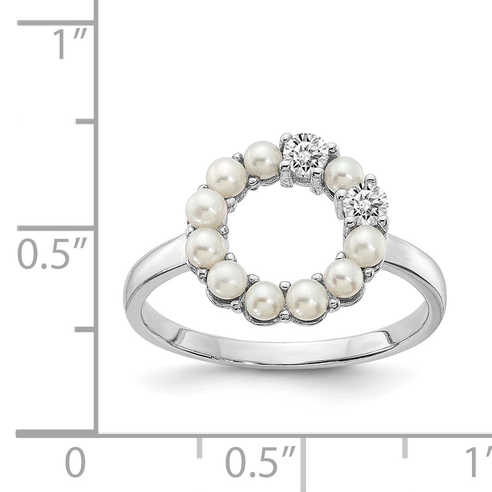 Sterling Silver Rhodium-plated 2-2.5mm Button FWC Pearl CZ Ring