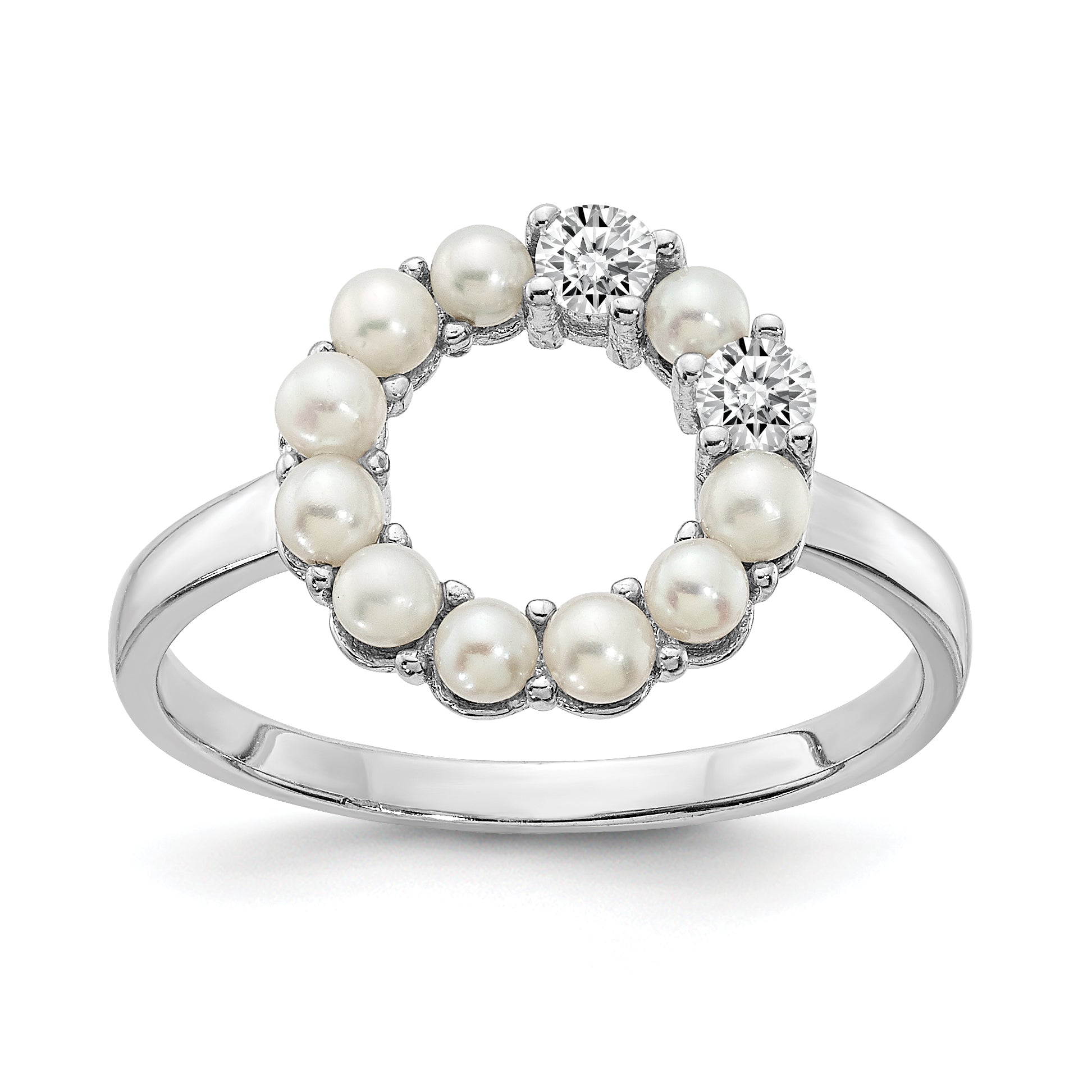 Sterling Silver Rhodium-plated 2-2.5mm Button FWC Pearl CZ Ring