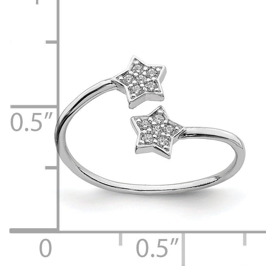 Sterling Silver Rhodium-Plated CZ Stars Bypass Adjustable Ring