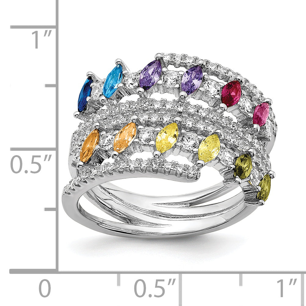 Prizma Sterling Silver Rhodium-plated White and Colorful Double Row Marquise CZ Ring