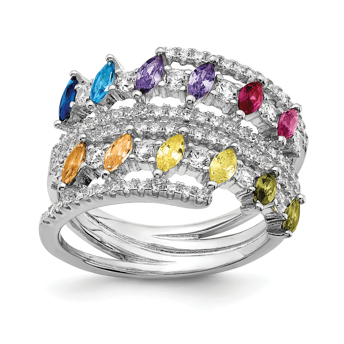 Prizma Sterling Silver Rhodium-plated White and Colorful Double Row Marquise CZ Ring